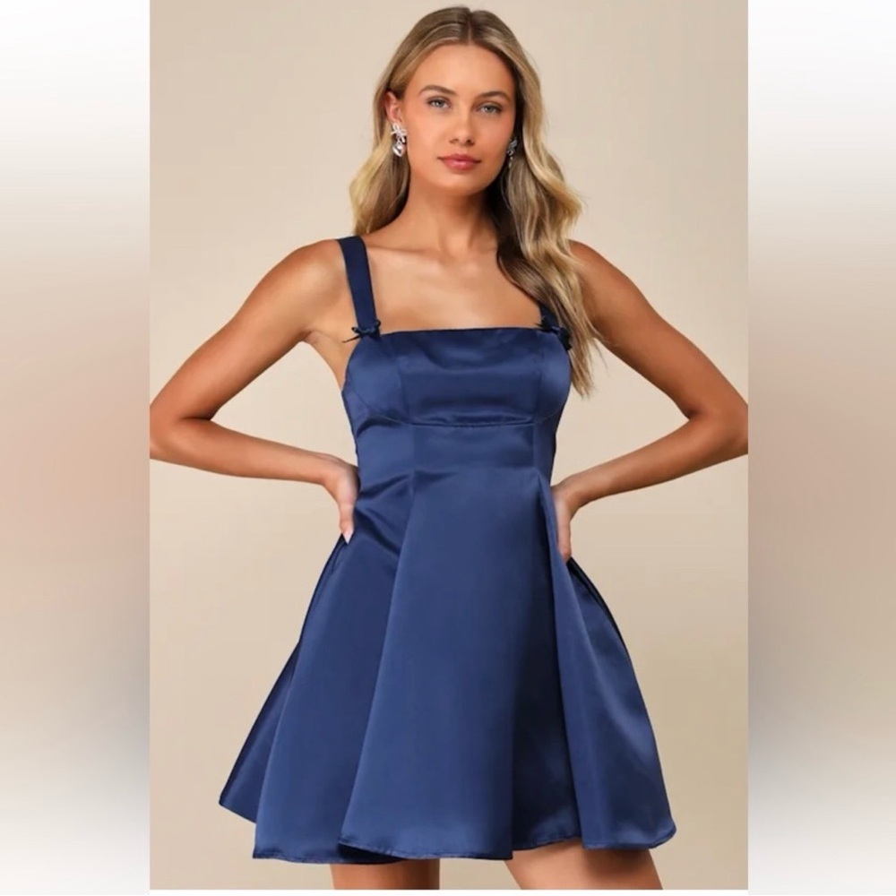 🆕 Lulu's Flawlessly Flirty Dress Navy Bows Open Back Adjustable Mini Satin 6 8 M